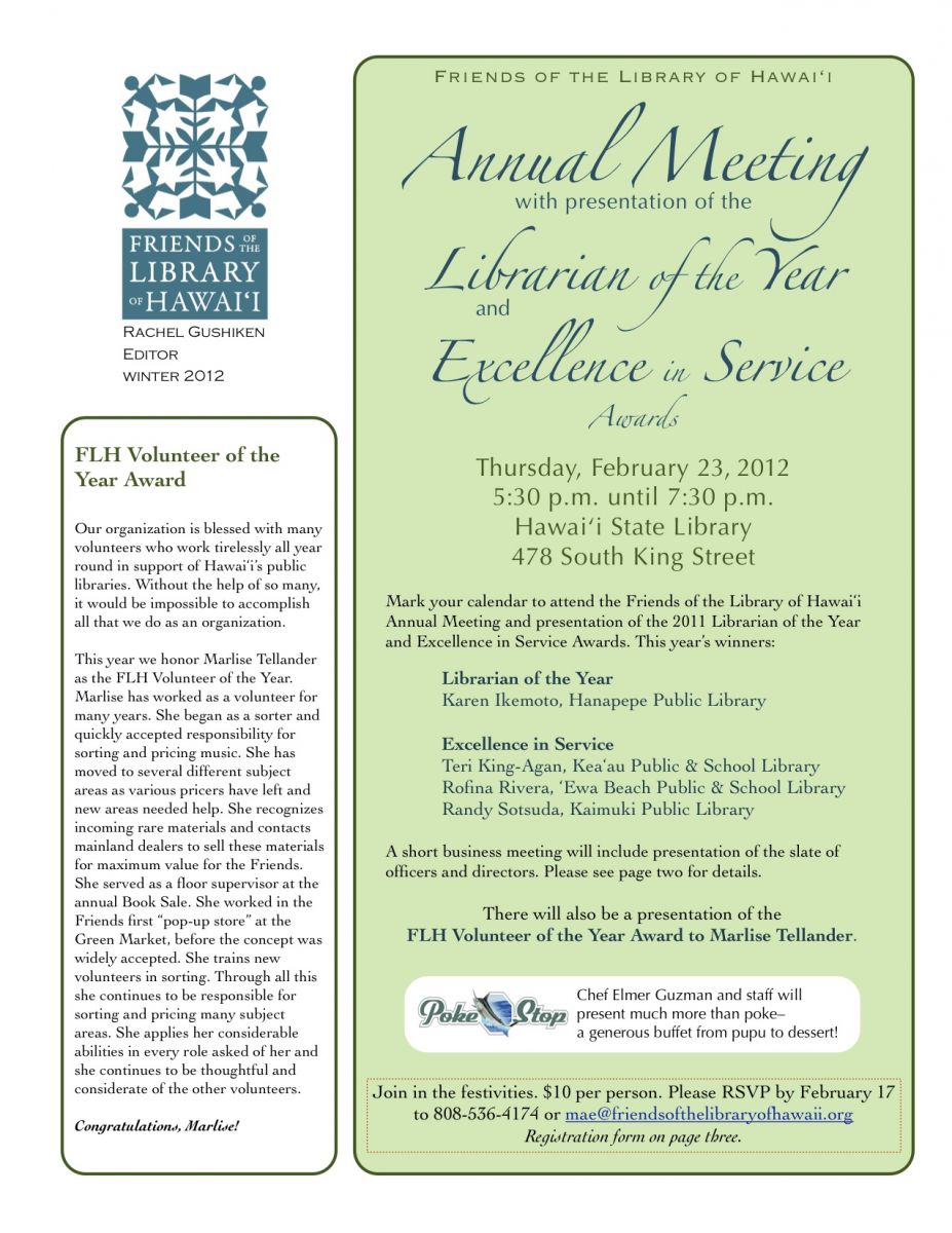 2012 Annual Meeting Newsletter - Friends of the Library of Hawaii